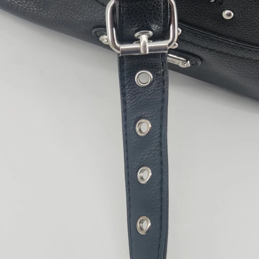 Stone Mountain Black Leather Crossbody Bag Dual Zip Top Multi Pocket Studded